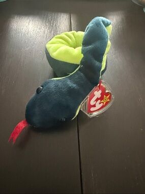 Ty Beanie Baby Hissy Snake Toy in Blue and Neon Green with Red Tongue